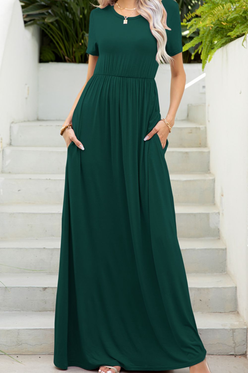 Round Neck Maxi Tee Dress with Pockets