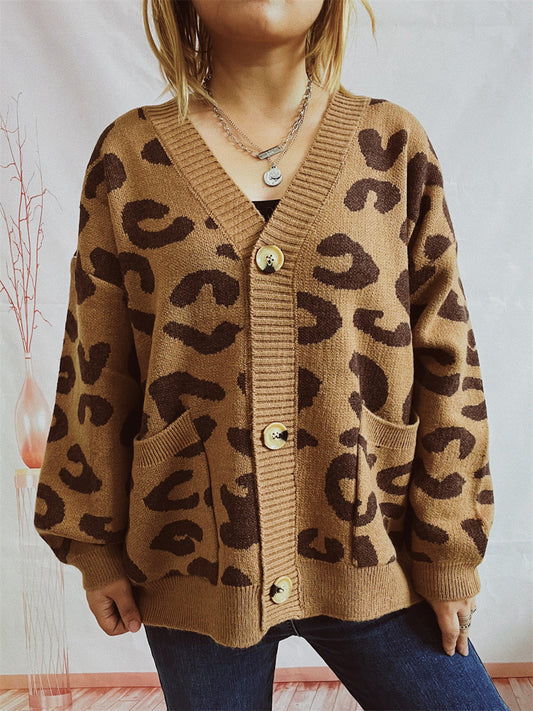 Leopard Button Front Cardigan with Pockets