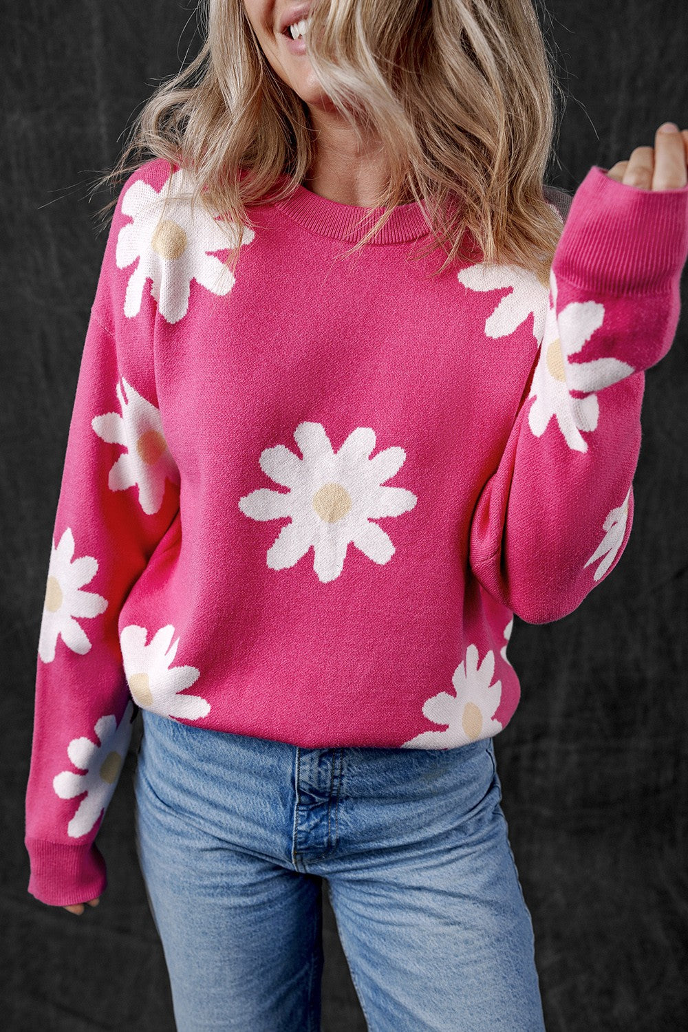 Daisy Round Neck Dropped Shoulder Sweater