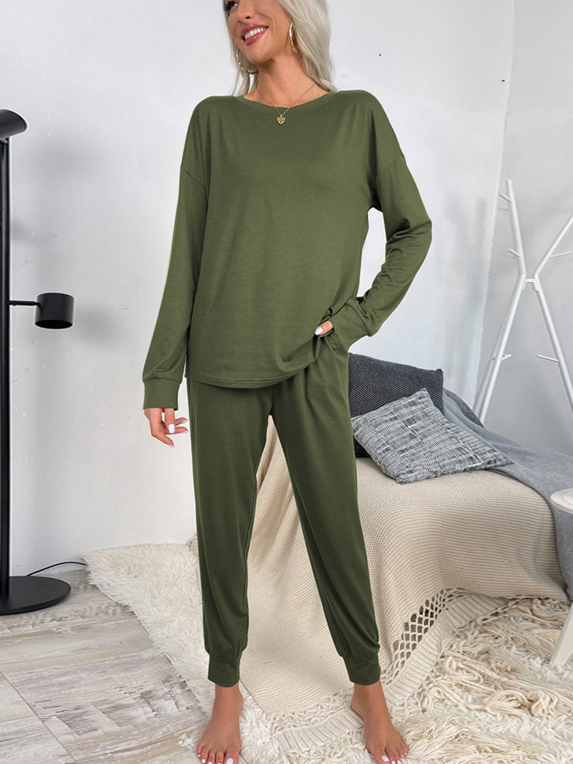 Round Neck Top and Drawstring Pants Lounge Set