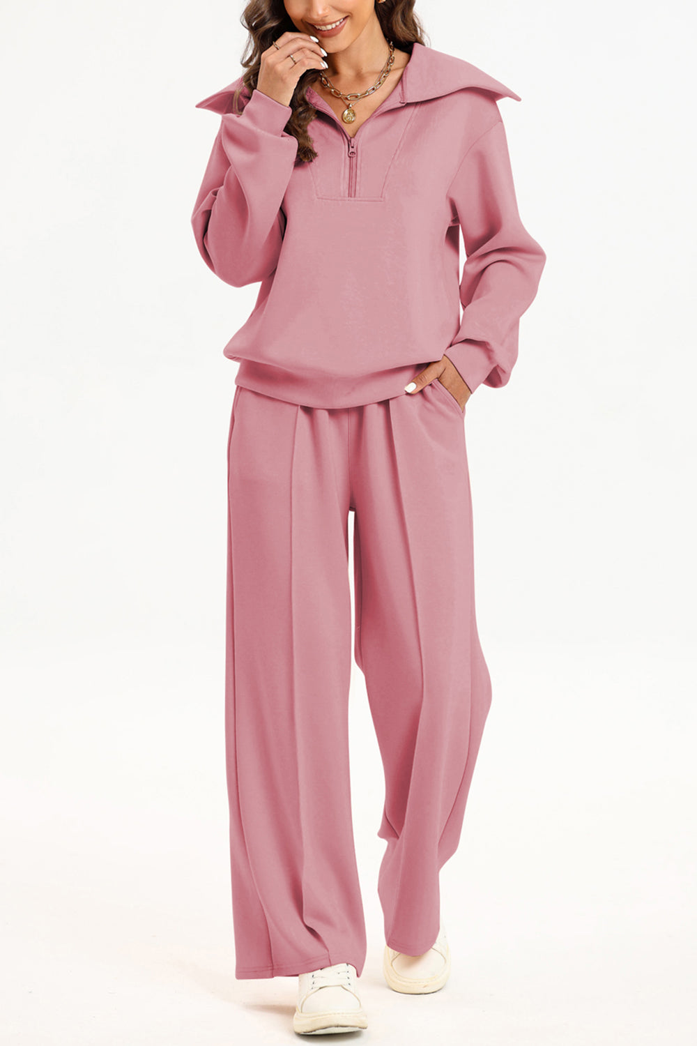 Half Zip Collared Neck Sweatshirt and Pants Set