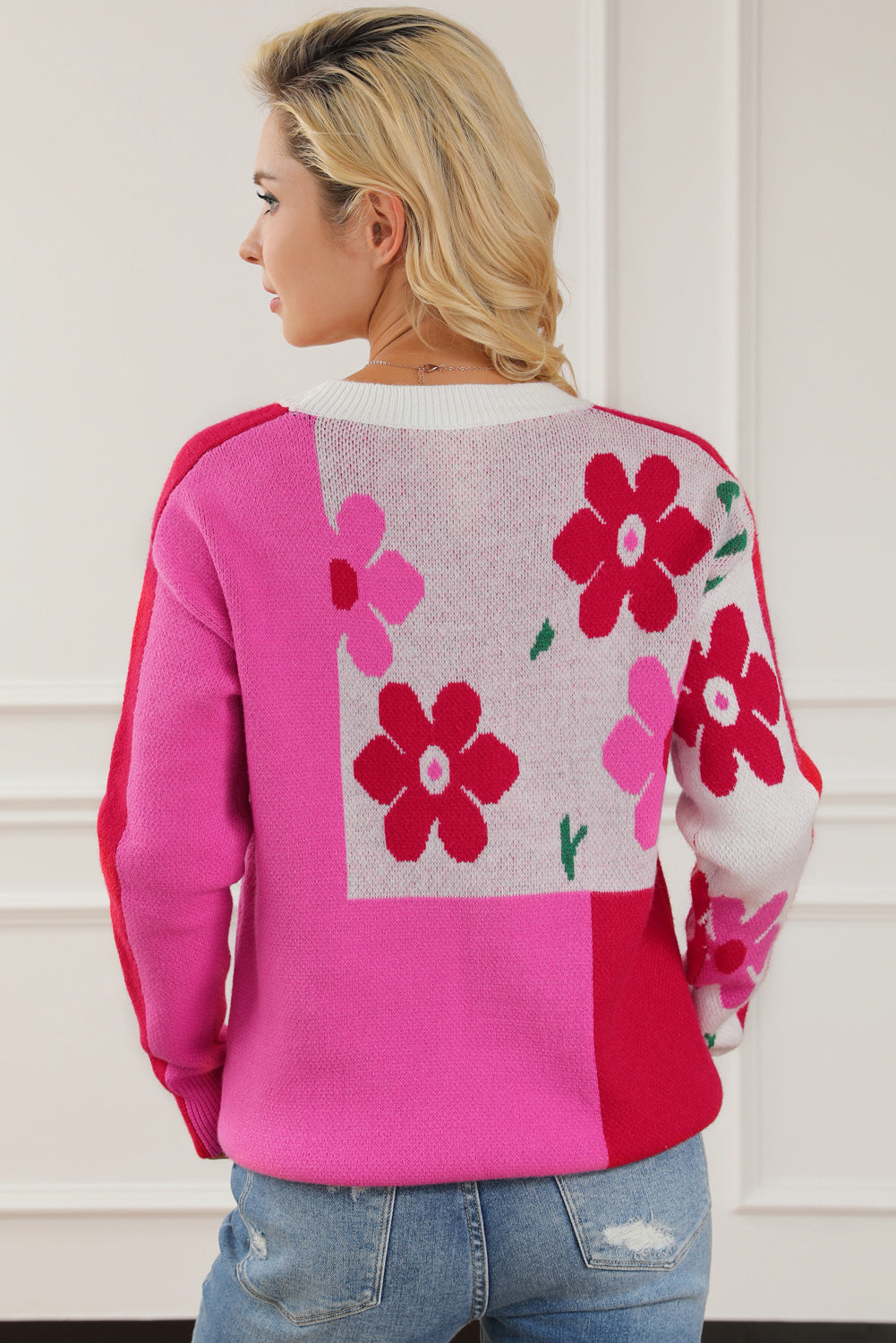 Floral Round Neck Dropped Shoulder Sweater