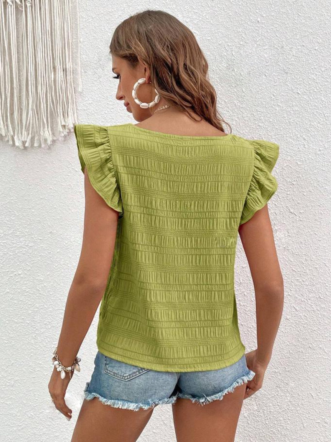 Ruffled Square Neck Cap Sleeve Blouse