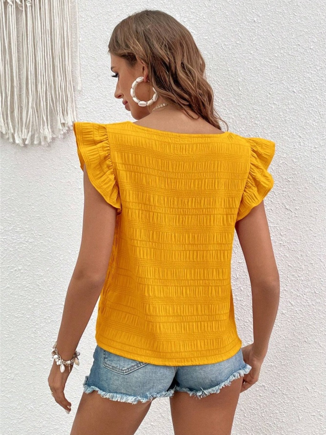 Ruffled Square Neck Cap Sleeve Blouse