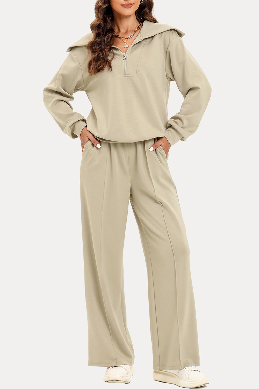 Half Zip Collared Neck Sweatshirt and Pants Set