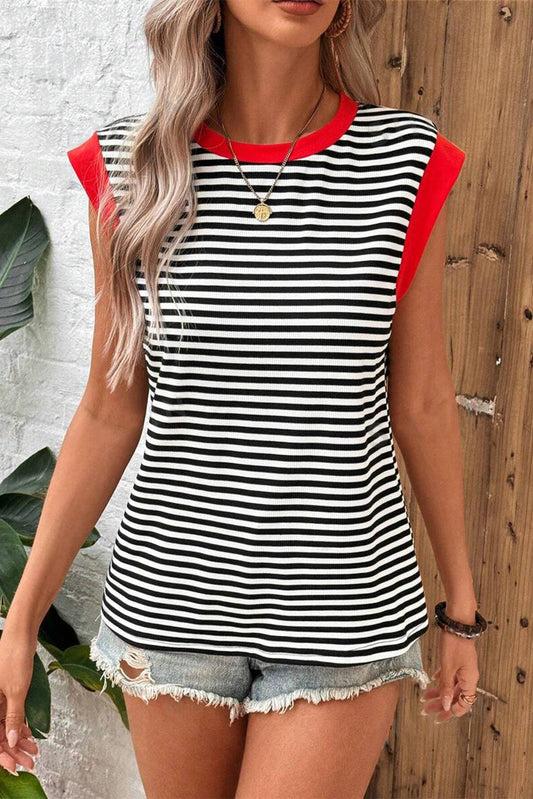 Striped Round Neck Cap Sleeve Top