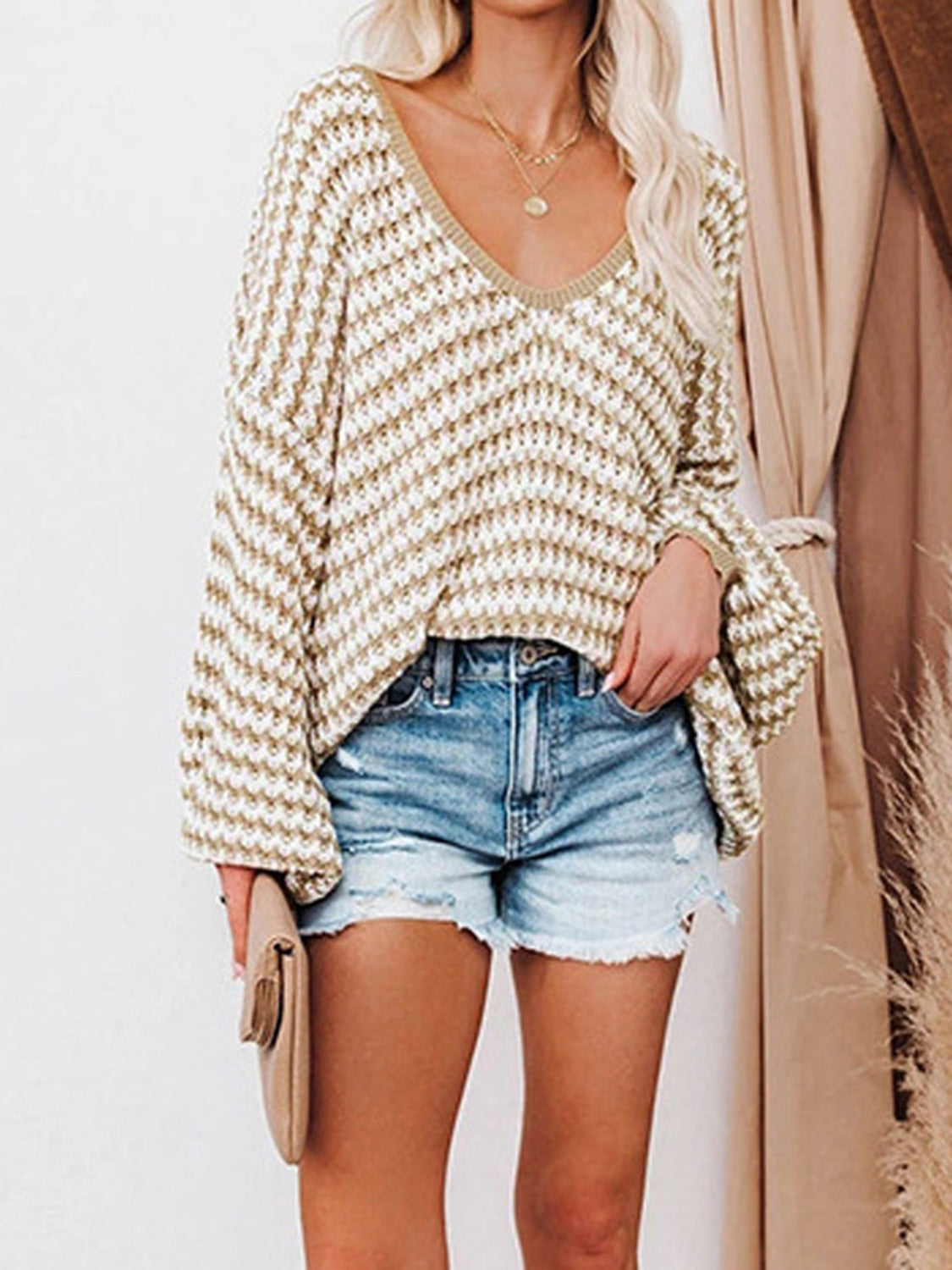 Striped Drop Shoulder V-Neck Sweater