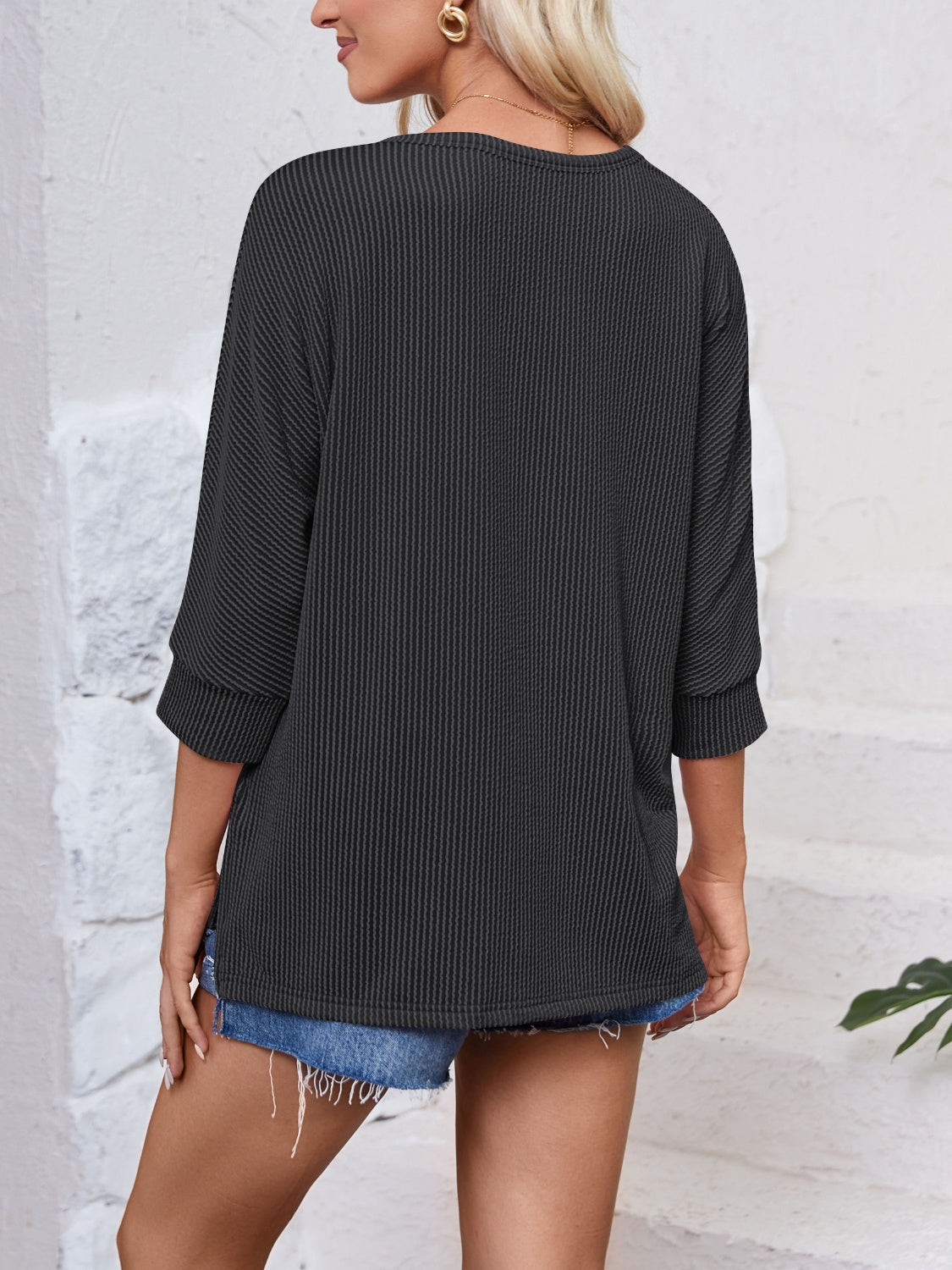 Textured Round Neck Three-Quarter Sleeve Blouse