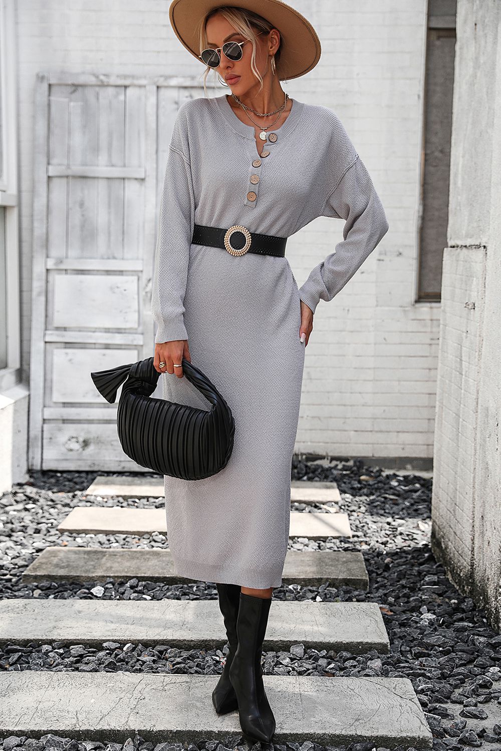 Decorative Button Notched Dropped Shoulder Sweater Dress