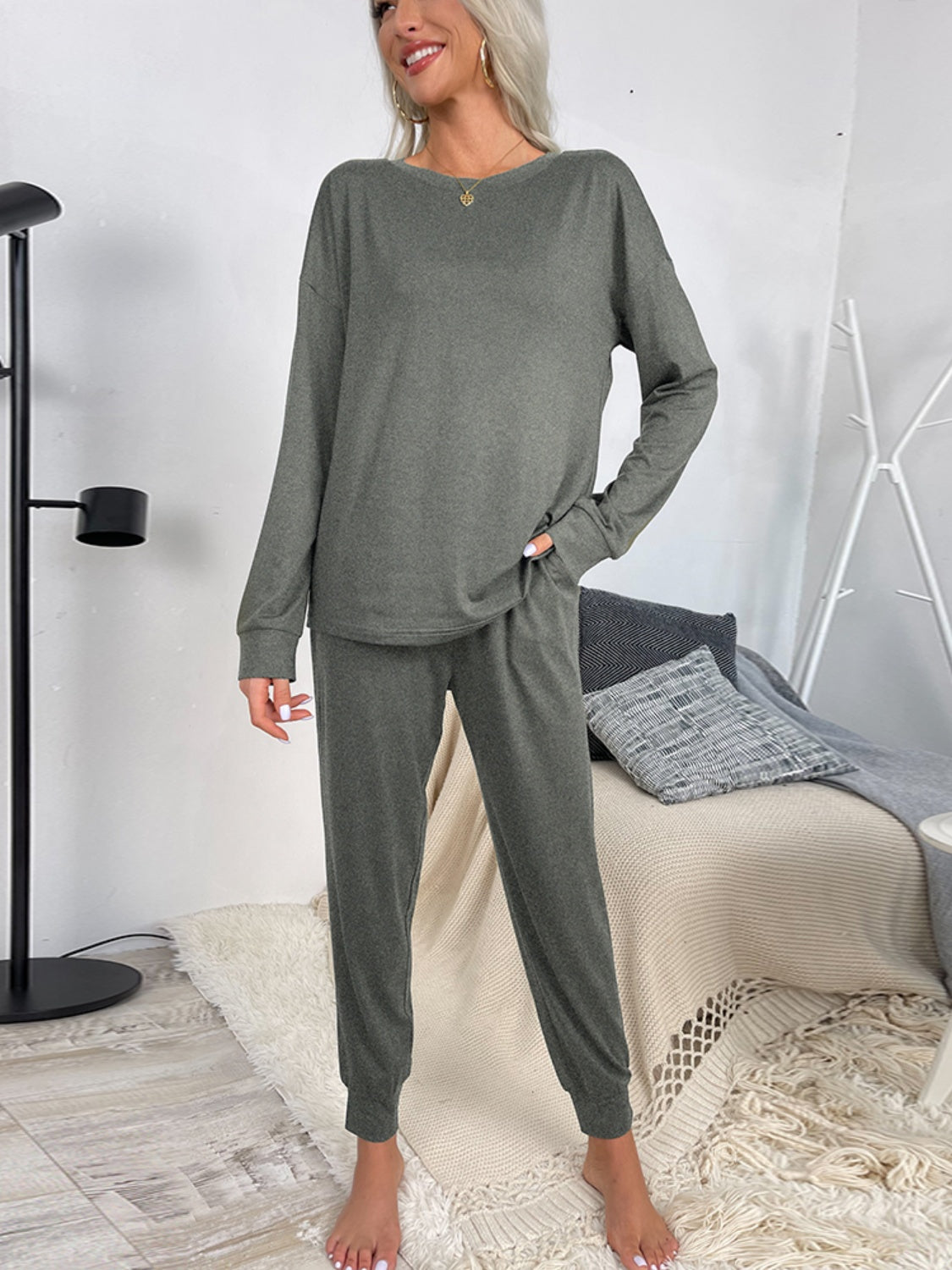 Round Neck Top and Drawstring Pants Lounge Set