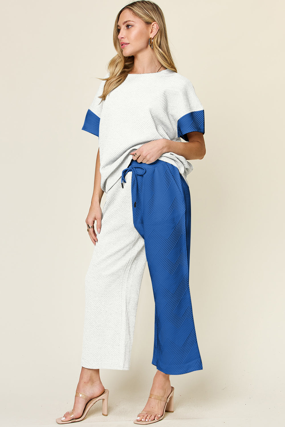 Double Take Full Size Texture Contrast T-Shirt and Wide Leg Pants Set