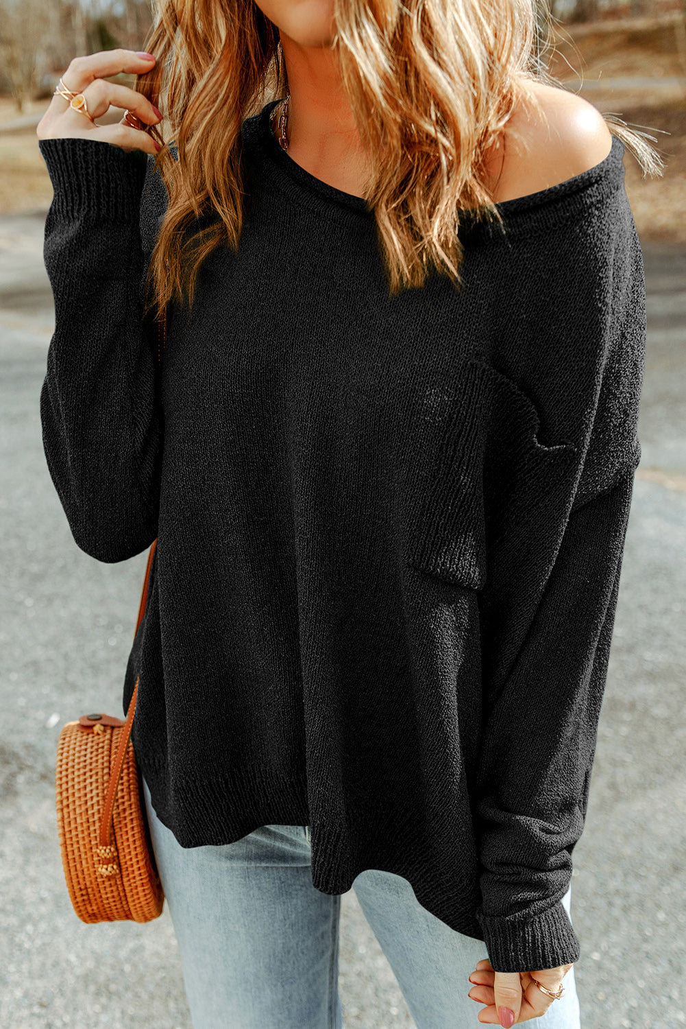 Dropped Shoulder Boat Neck Sweater Pullover with Pocket