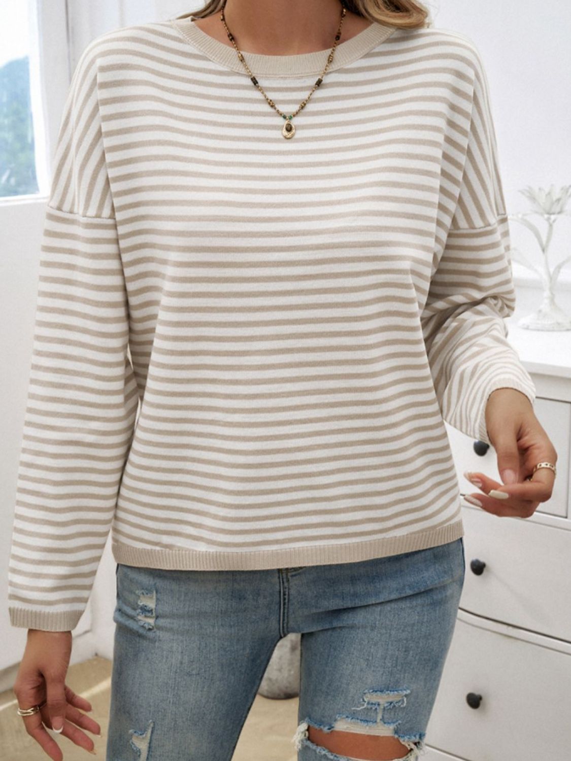 Striped Round Neck Dropped Shoulder Sweater