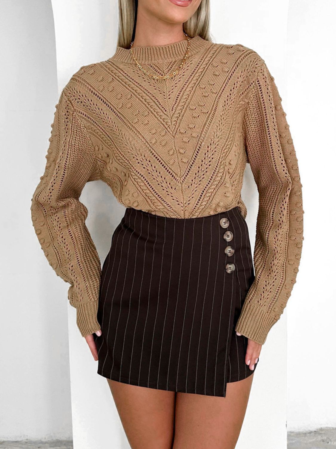 Openwork Round Neck Long Sleeve Sweater