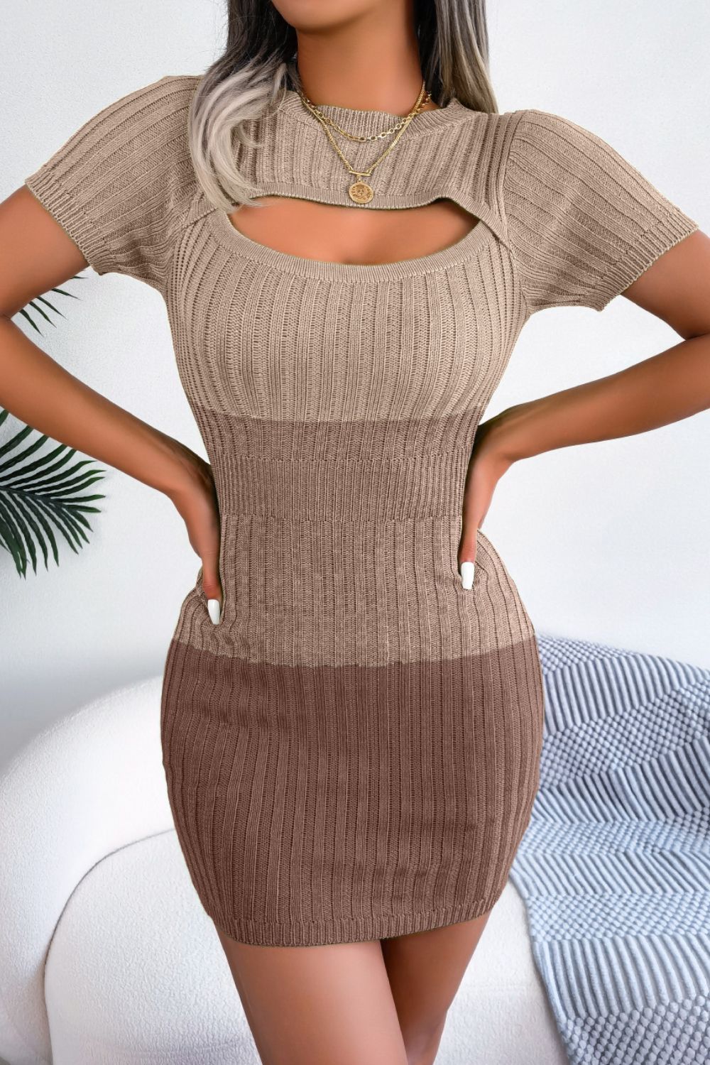 Color Block Cutout Short Sleeve Sweater Dress