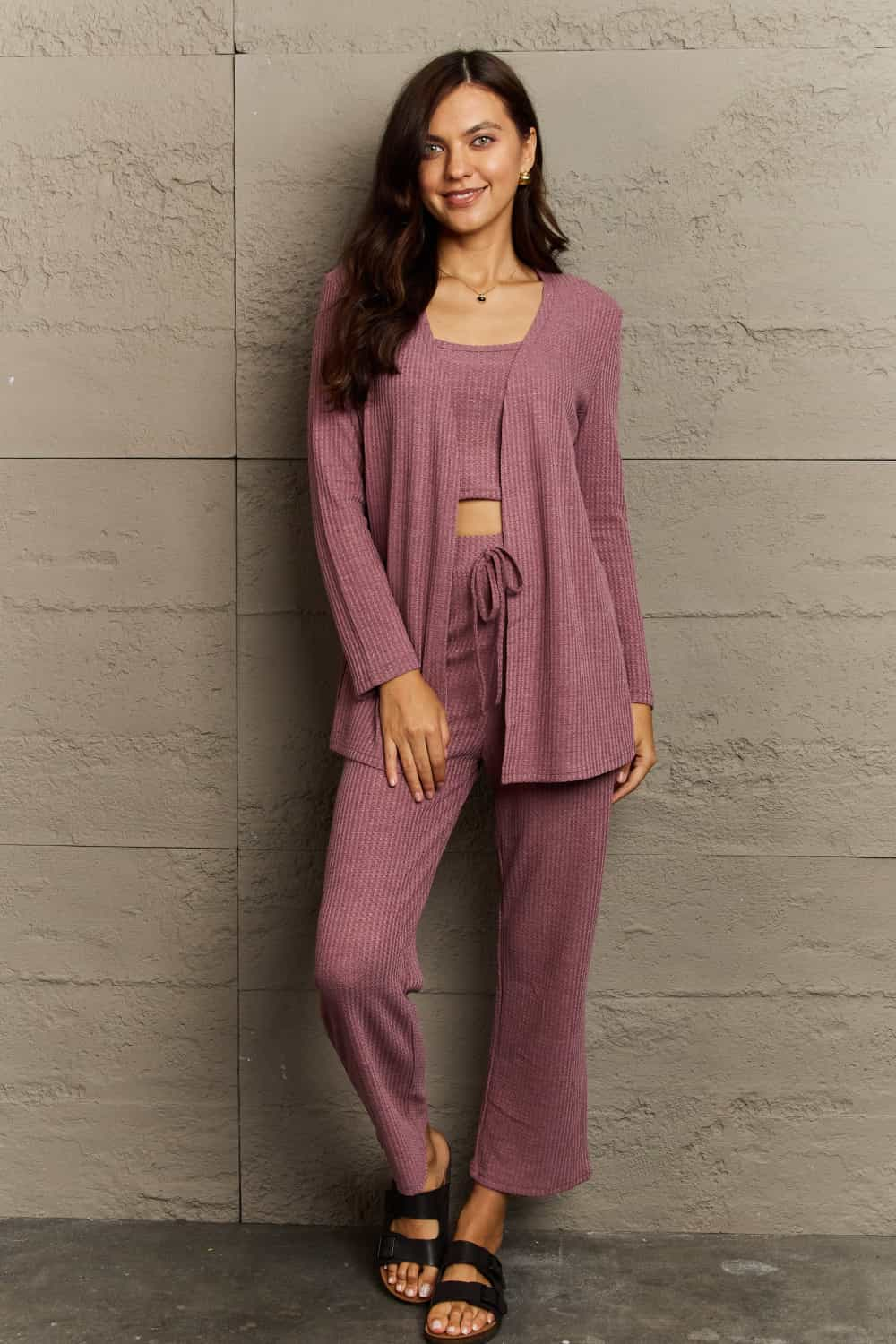 Ninexis Full Size Cropped Top, Long Pants and Cardigan Lounge Set