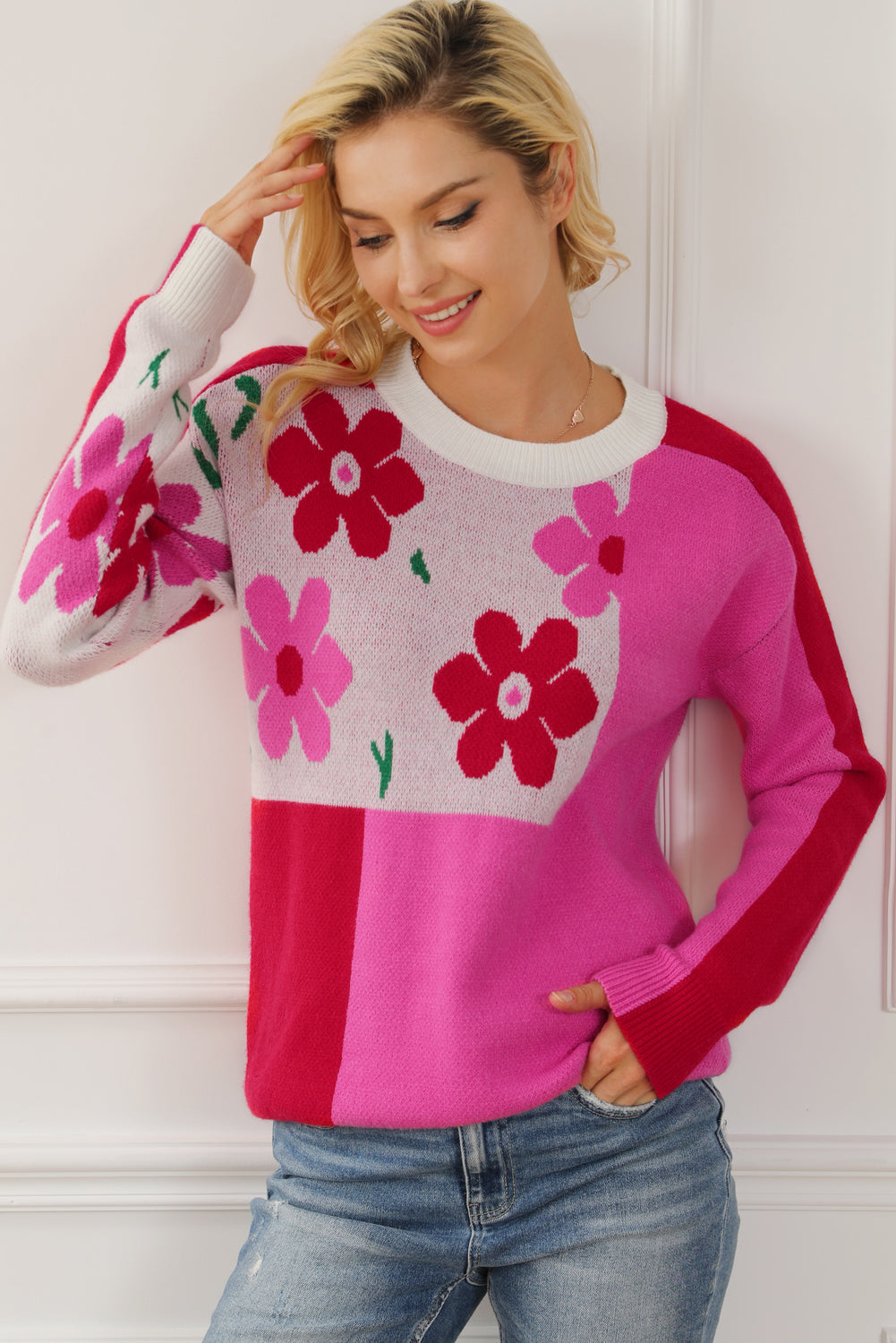 Floral Round Neck Dropped Shoulder Sweater