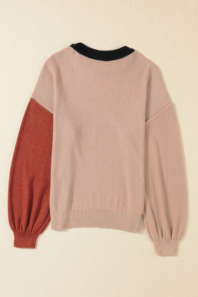 Contrast Round Neck Dropped Shoulder Women's Sweater