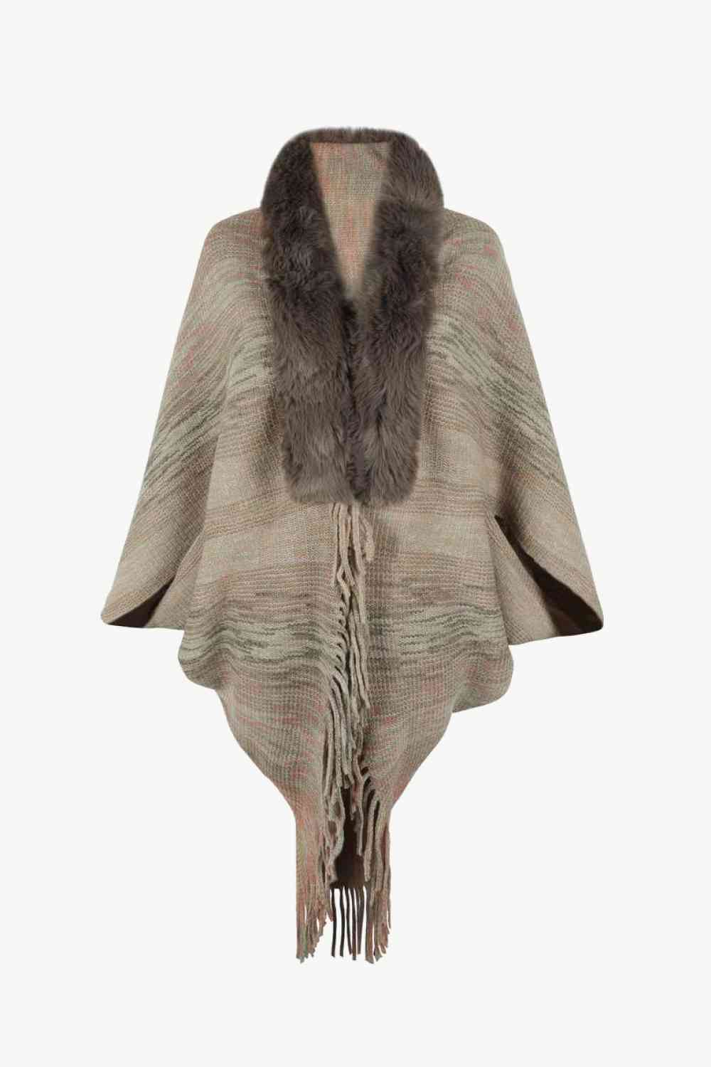 Open Front Fringe Hem Faux Fur Collared Poncho for Women