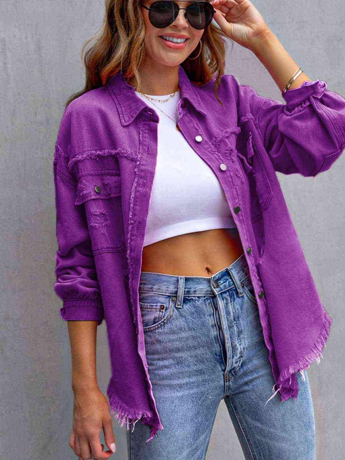 Distressed Fringe Drop Shoulder Denim Jacket