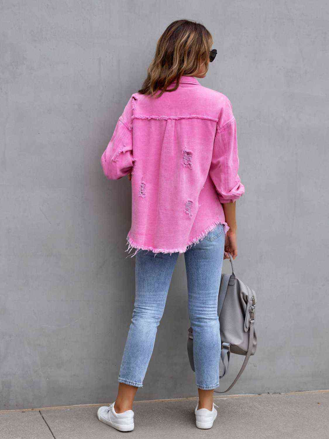 Distressed Fringe Drop Shoulder Denim Jacket