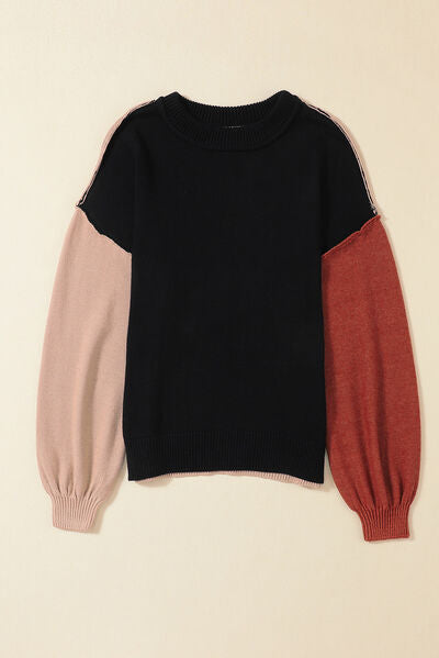 Contrast Round Neck Dropped Shoulder Women's Sweater