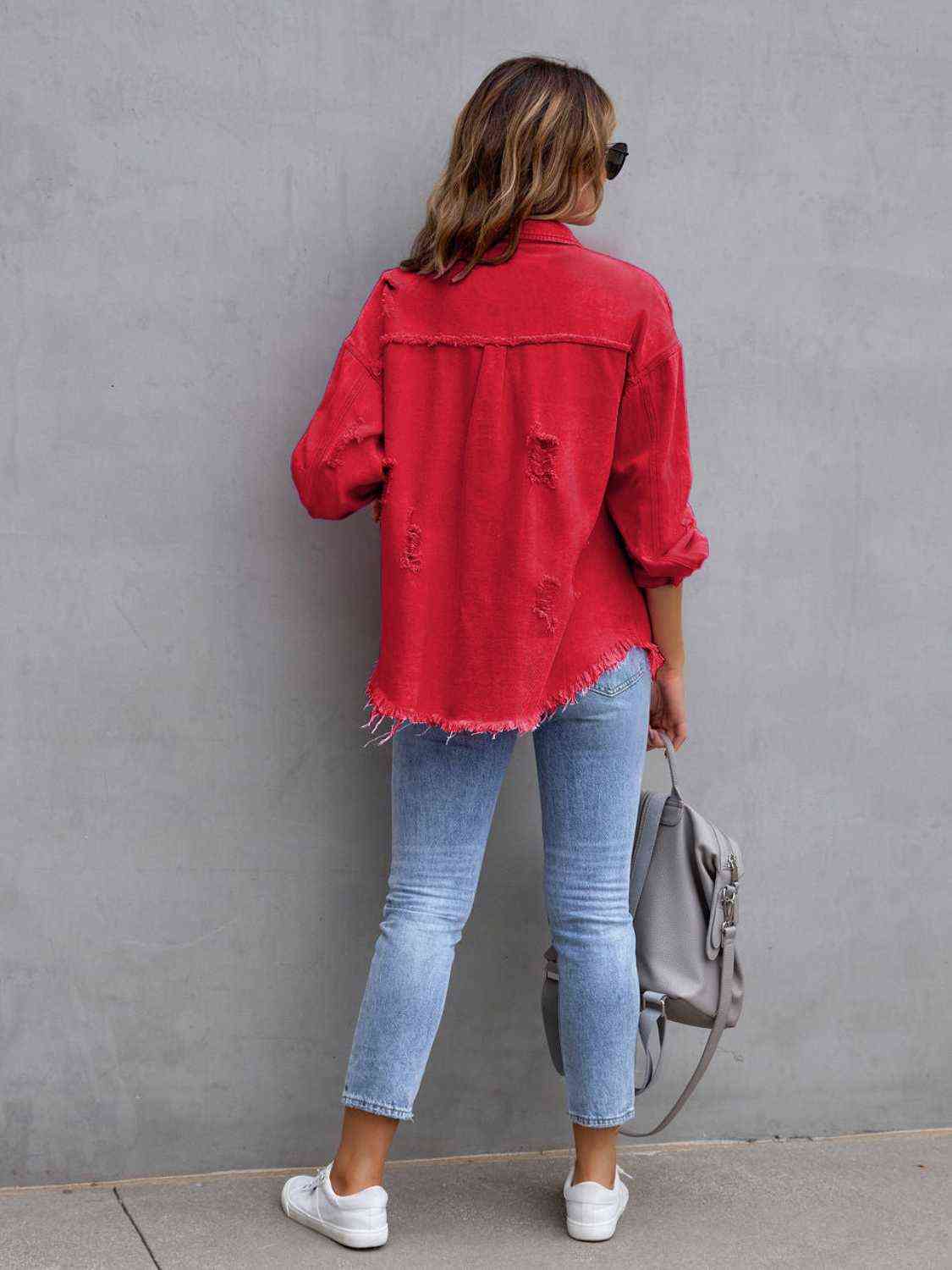 Distressed Fringe Drop Shoulder Denim Jacket