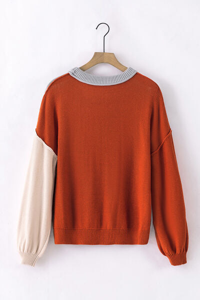 Contrast Round Neck Dropped Shoulder Women's Sweater