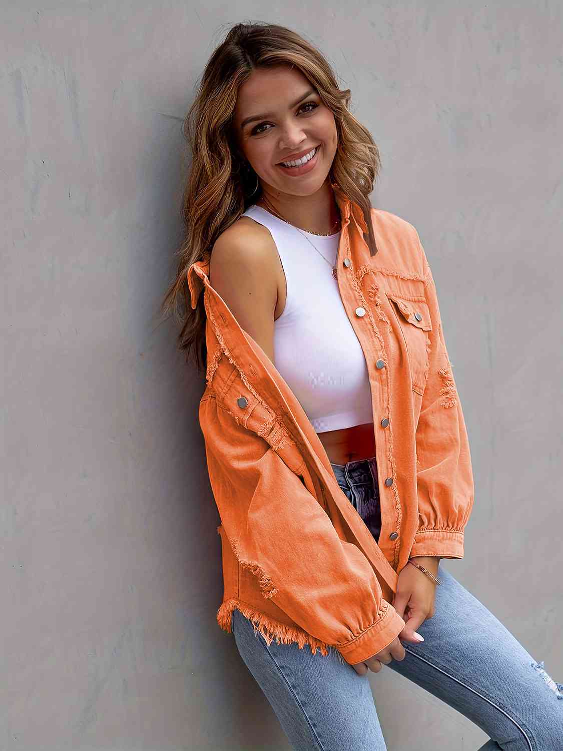 Distressed Fringe Drop Shoulder Denim Jacket