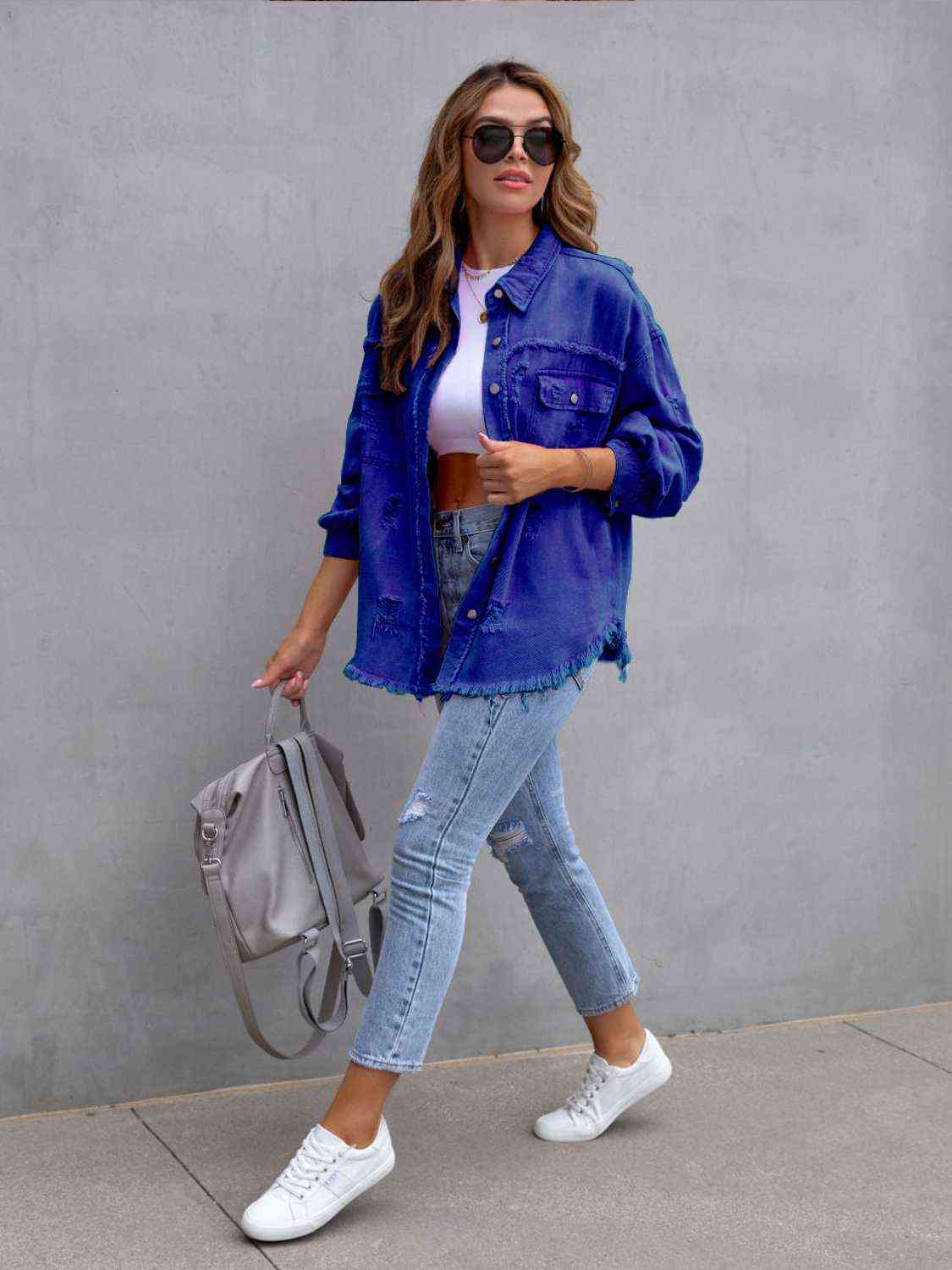 Distressed Fringe Drop Shoulder Denim Jacket