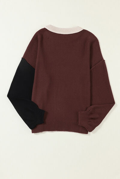 Contrast Round Neck Dropped Shoulder Women's Sweater