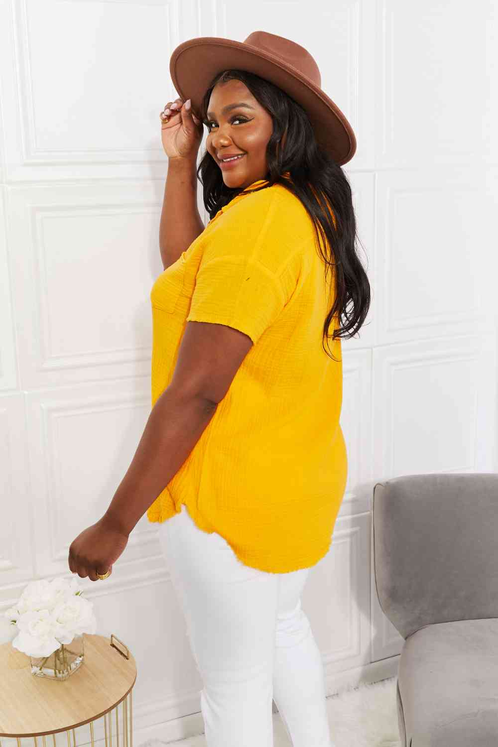 Full Size Gauze Short Sleeve Shirt in Mustard