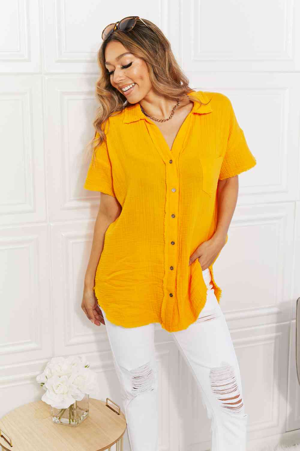 Full Size Gauze Short Sleeve Shirt in Mustard