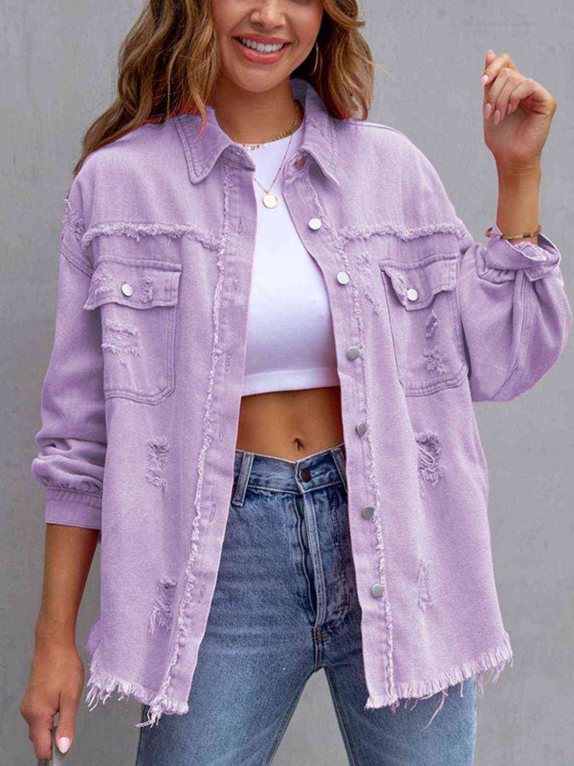 Distressed Fringe Drop Shoulder Denim Jacket