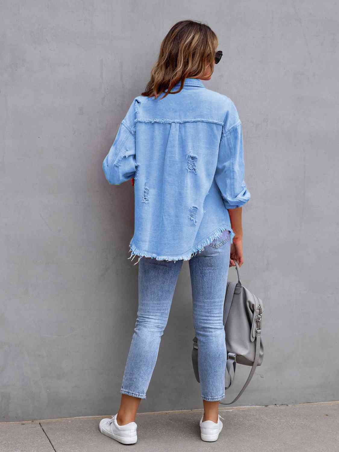 Distressed Fringe Drop Shoulder Denim Jacket