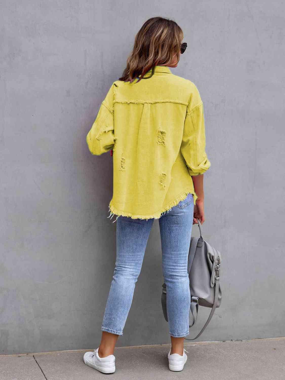 Distressed Fringe Drop Shoulder Denim Jacket