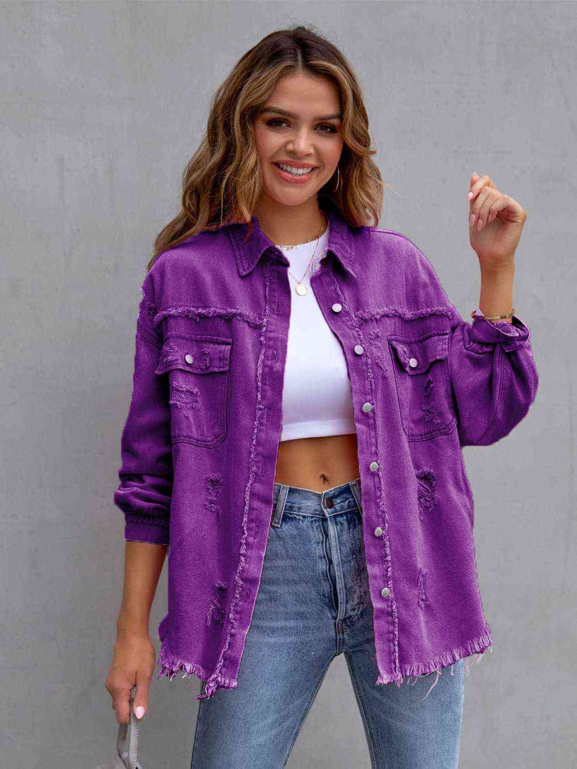 Distressed Fringe Drop Shoulder Denim Jacket