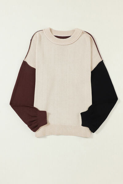 Contrast Round Neck Dropped Shoulder Women's Sweater