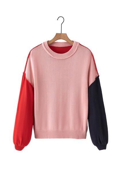 Contrast Round Neck Dropped Shoulder Women's Sweater