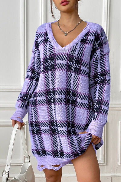 Plaid V Neck Long Sleeve Sweater Dress Trendsi Trends