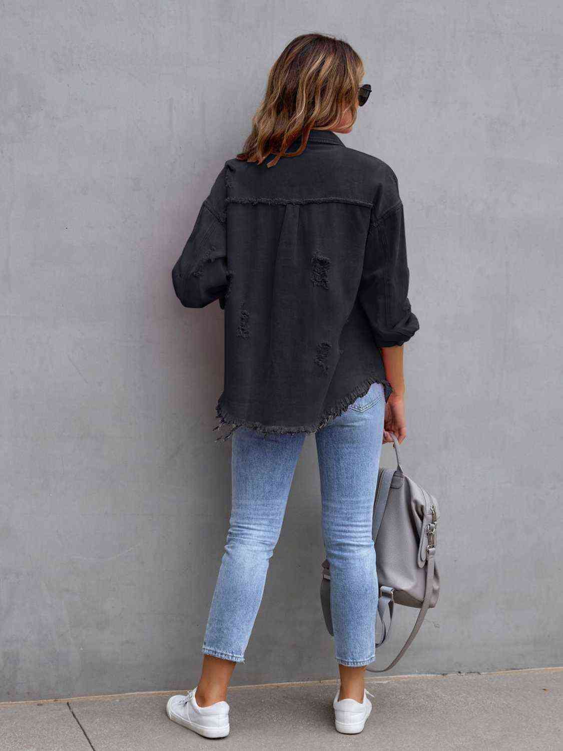 Distressed Fringe Drop Shoulder Denim Jacket