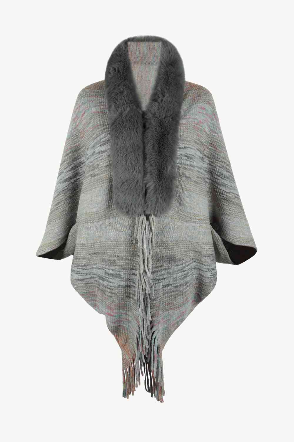 Open Front Fringe Hem Faux Fur Collared Poncho for Women