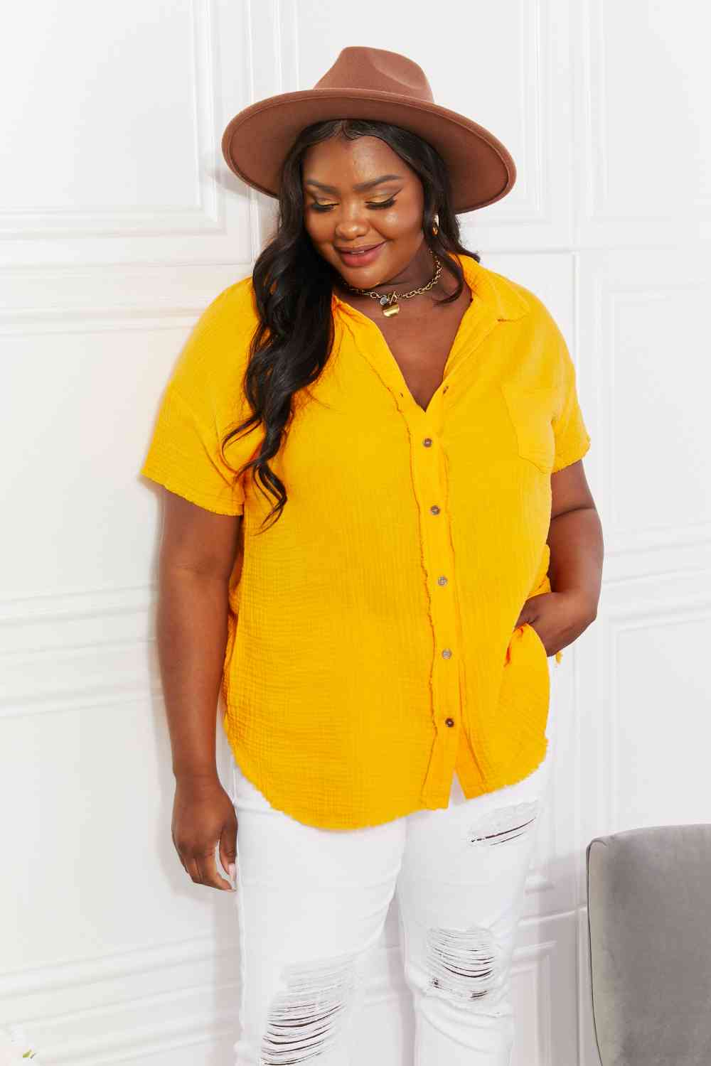 Full Size Gauze Short Sleeve Shirt in Mustard