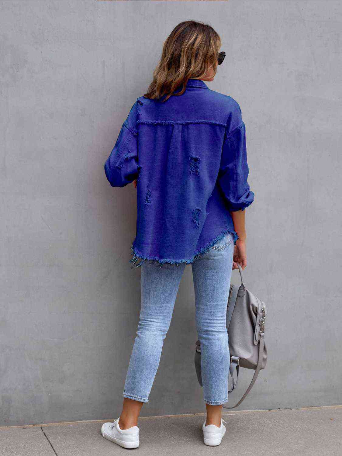 Distressed Fringe Drop Shoulder Denim Jacket