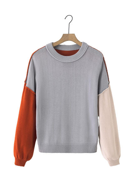 Contrast Round Neck Dropped Shoulder Women's Sweater