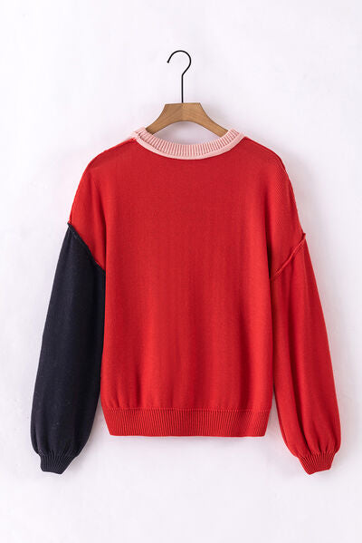 Contrast Round Neck Dropped Shoulder Women's Sweater