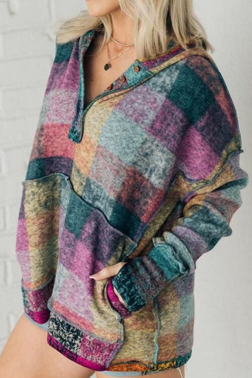 Hoodie Multicolor denim Brushed Plaid Buttoned Pullover