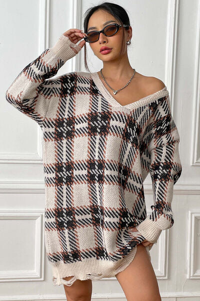 Plaid V Neck Long Sleeve Sweater Dress Trendsi Trends