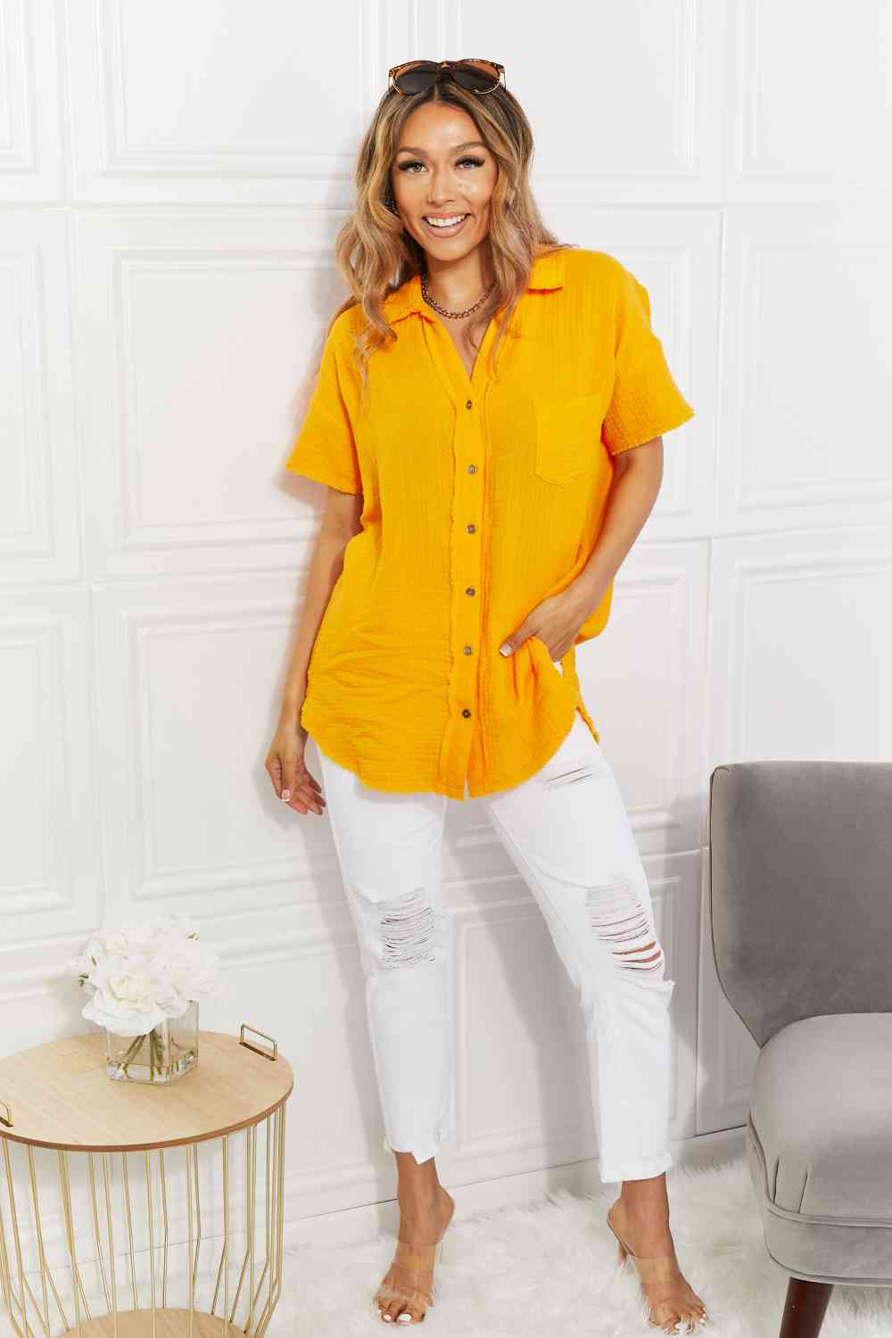 Full Size Gauze Short Sleeve Shirt in Mustard