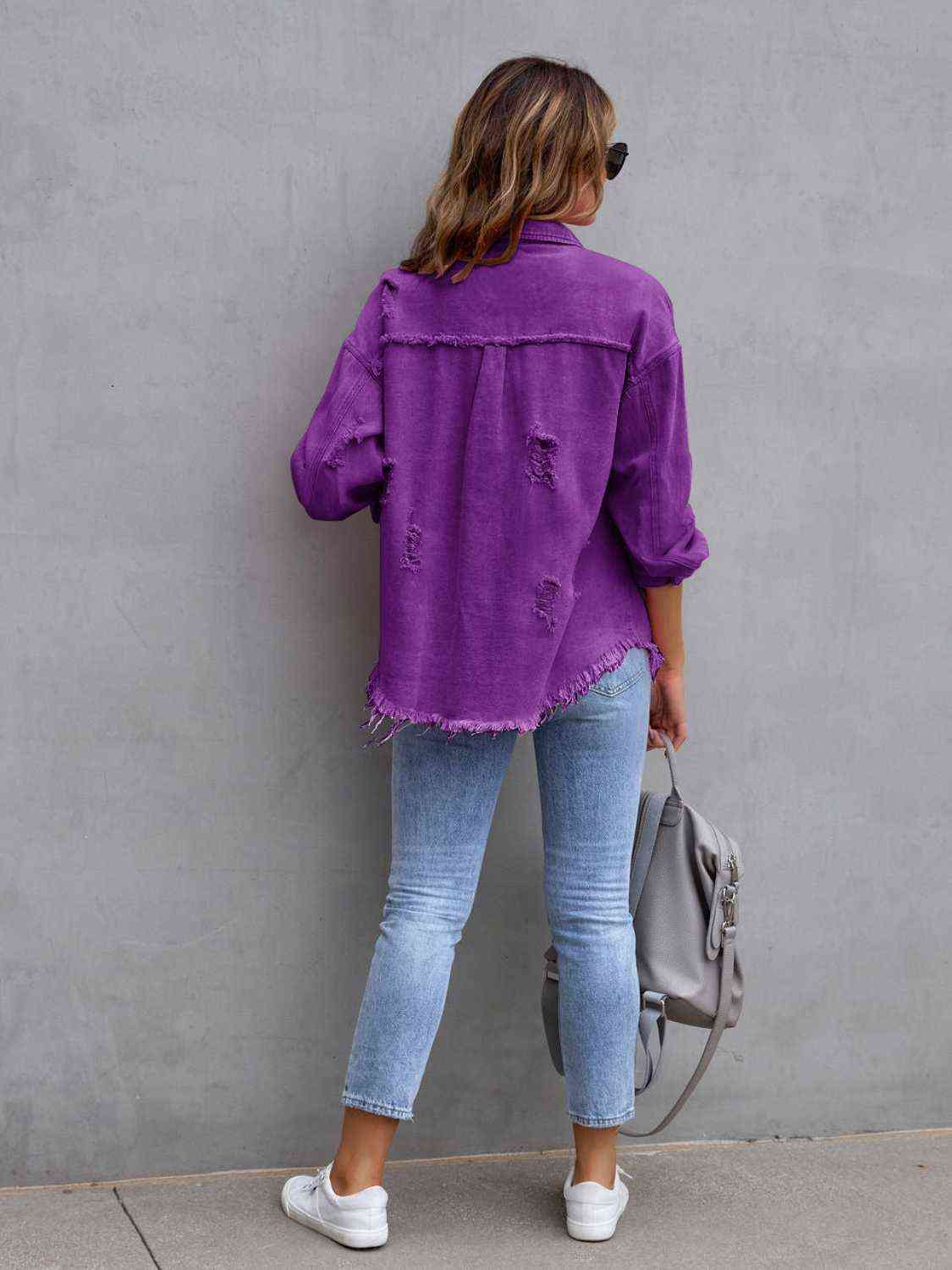 Distressed Fringe Drop Shoulder Denim Jacket